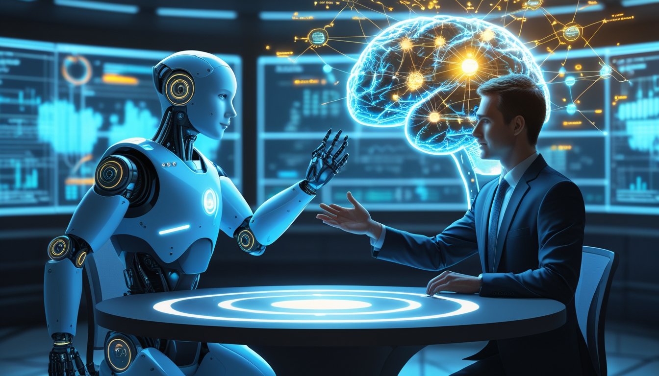 A human and a robot facing each other across a table with a glowing neural network hologram between them, surrounded by digital screens in a high-tech room.