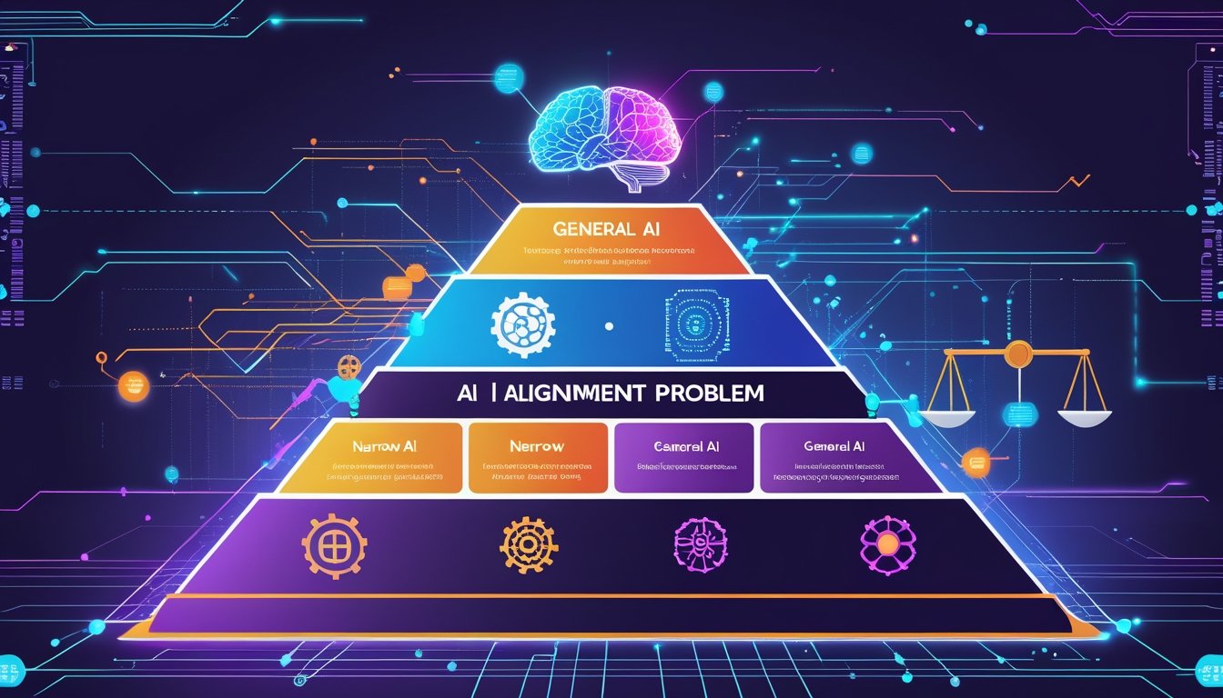 A multi-level pyramid illustrating different stages of artificial intelligence with symbols representing AI complexity and challenges related to aligning AI behavior.