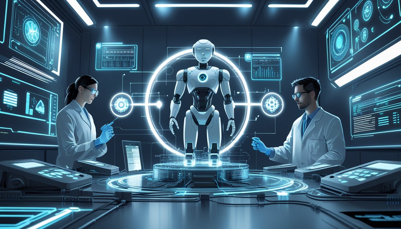A humanoid robot connected to holographic interfaces and surrounded by scientists monitoring data in a high-tech control room with gears and neural network patterns symbolizing AI alignment mechanisms.
