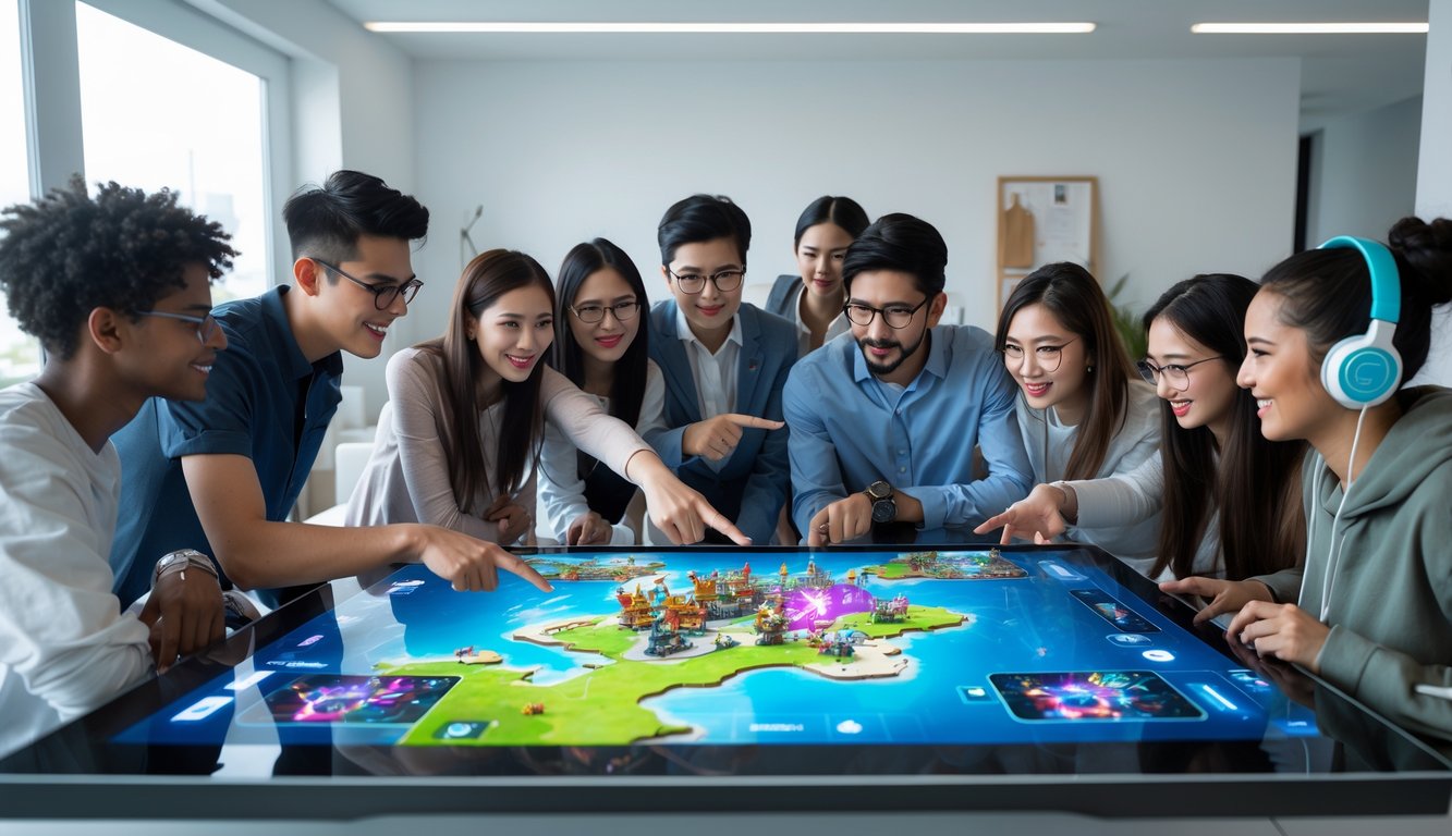 Sekelompok orang muda sedang berkumpul di sekitar meja layar sentuh besar yang menampilkan karakter dan peta permainan, terlihat fokus dan berdiskusi bersama.