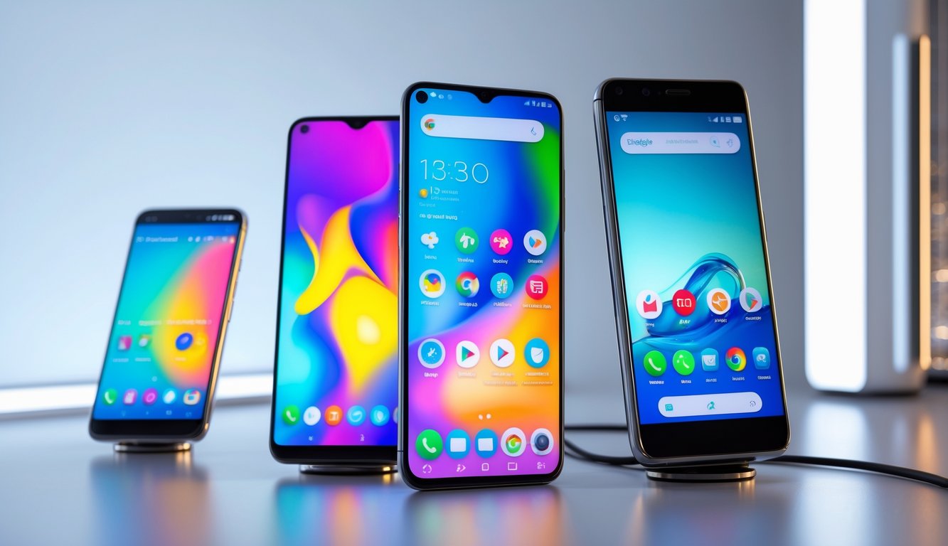 Beberapa ponsel Android terbaru ditampilkan di atas permukaan modern dengan layar cerah menyala.