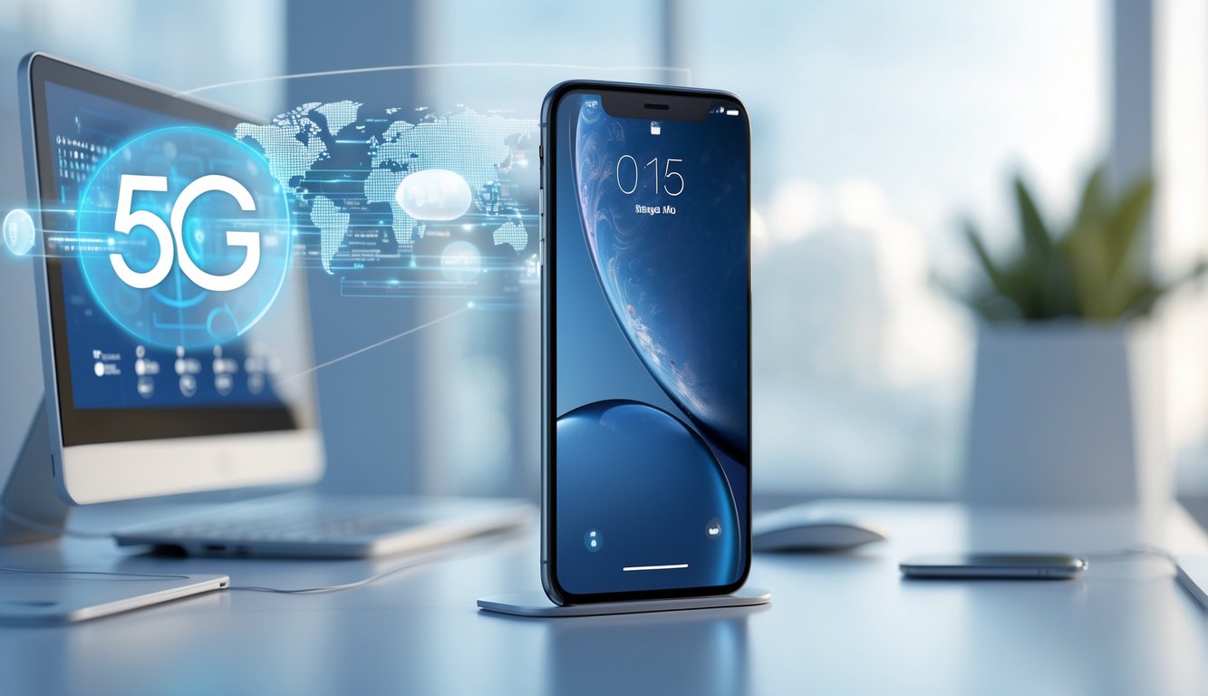 Sebuah ponsel modern dengan teknologi 5G terbaru diletakkan di atas meja minimalis dengan latar belakang kabur dan elemen digital futuristik.