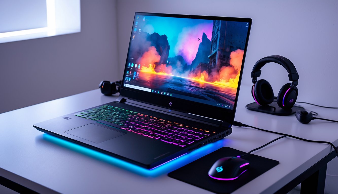 Sebuah laptop gaming HP terbuka di atas meja dengan perlengkapan gaming di sekitarnya di sebuah ruangan minimalis.