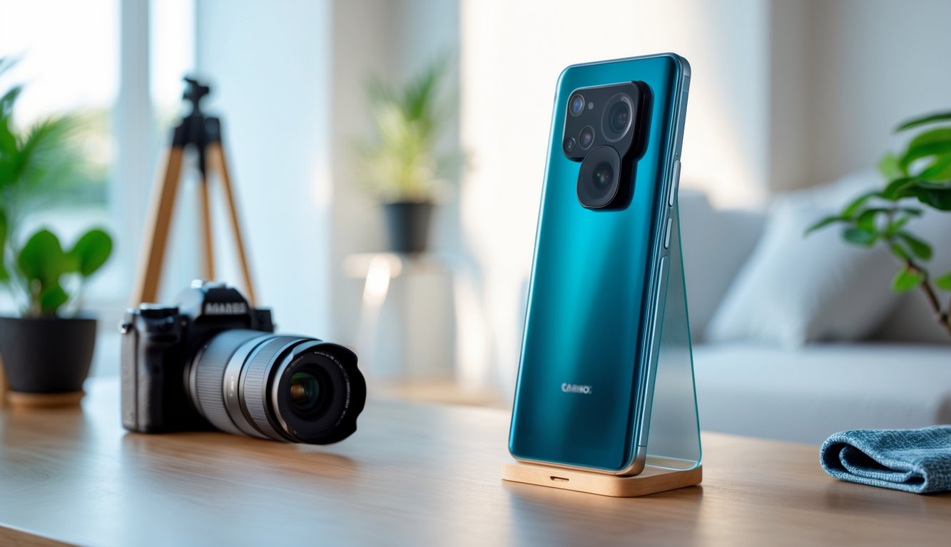 Sebuah smartphone modern dengan kamera terlihat jelas di atas meja kayu, dikelilingi aksesori fotografi dan latar belakang ruangan yang terang dan minimalis.