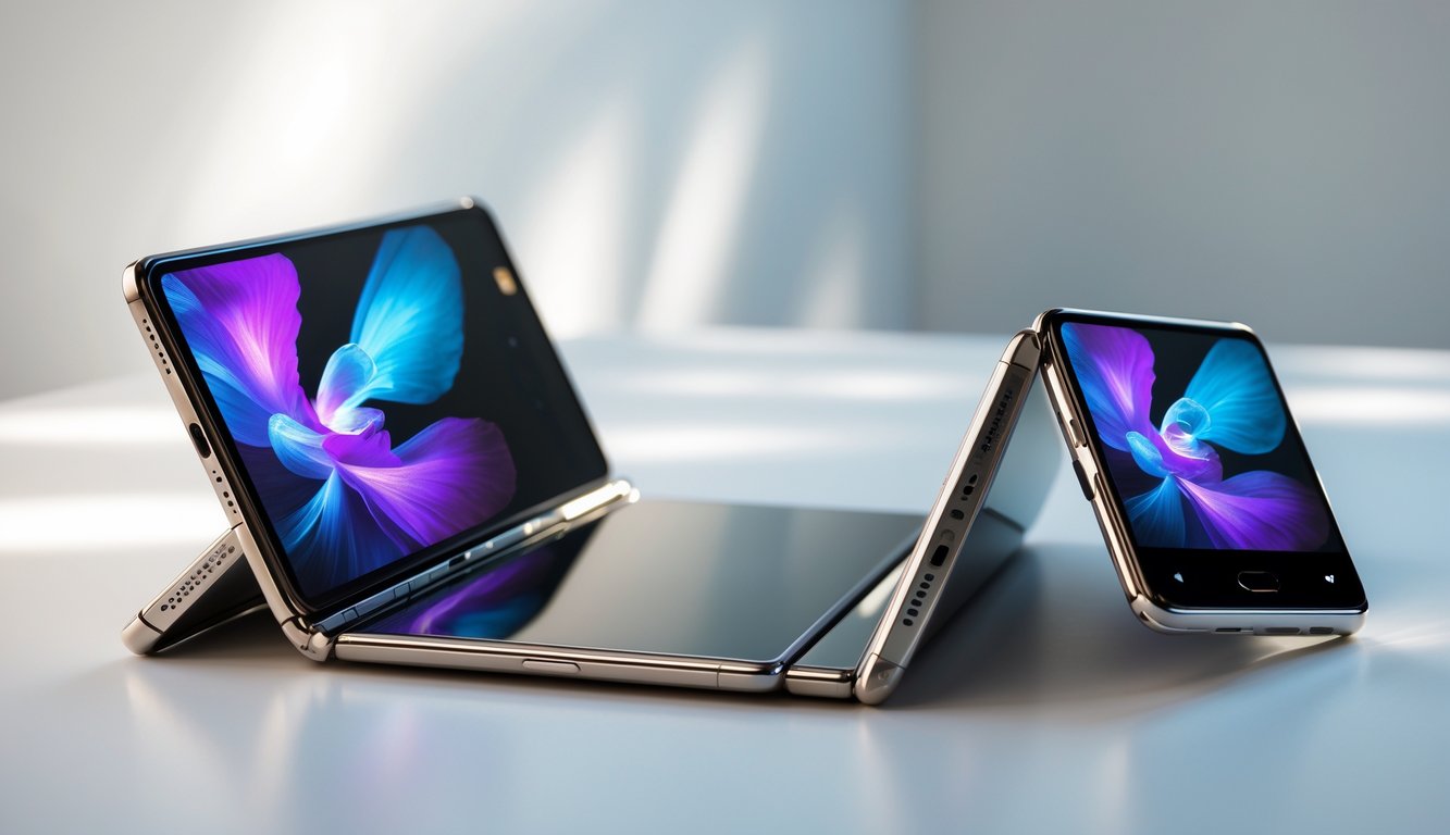 Dua ponsel lipat terbaru yang sedang setengah terbuka di atas permukaan putih bersih.
