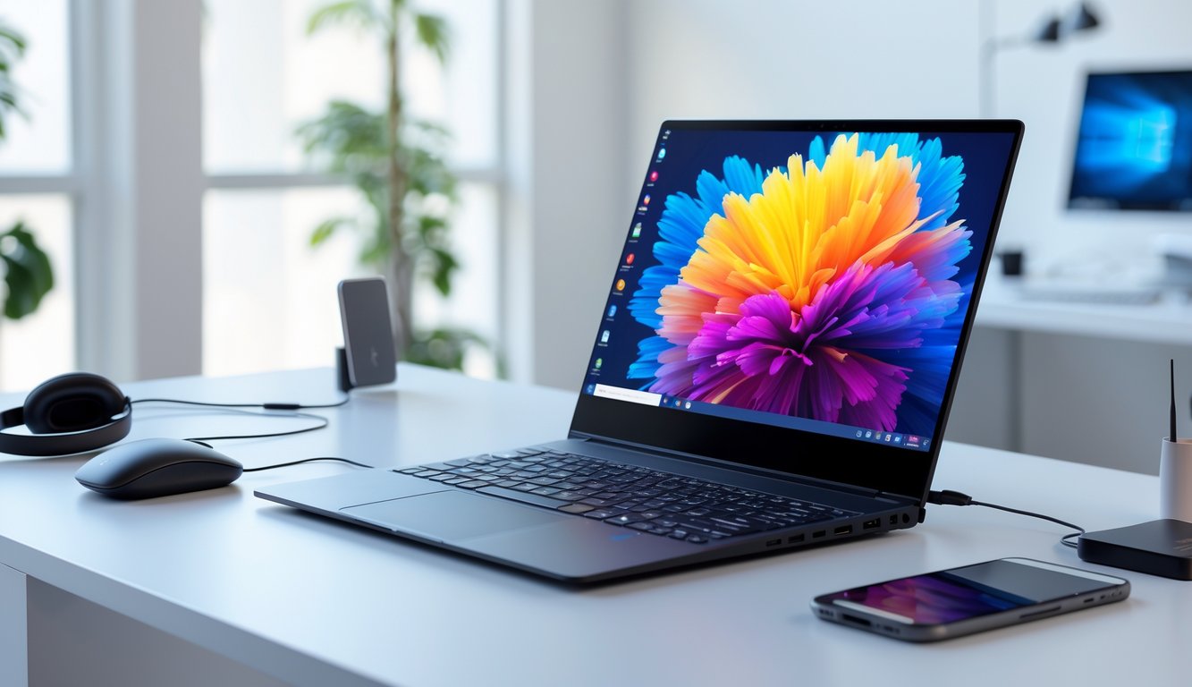 Sebuah laptop modern dengan desain ramping di atas meja kantor minimalis yang terang, dikelilingi oleh aksesori teknologi seperti mouse nirkabel dan headphone.