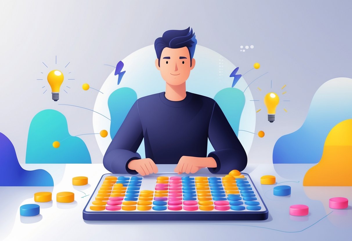 Seorang pemain fokus duduk di depan papan permainan Hundreds and Thousands dengan susunan token berwarna-warni, menunjukkan suasana strategi dan kemenangan tanpa modal besar.