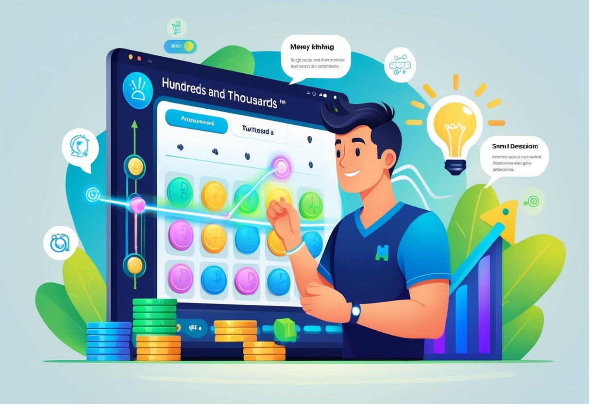 Seorang pemain sedang menganalisis permainan digital dengan token warna-warni dan simbol strategi kemenangan di latar belakang modern.