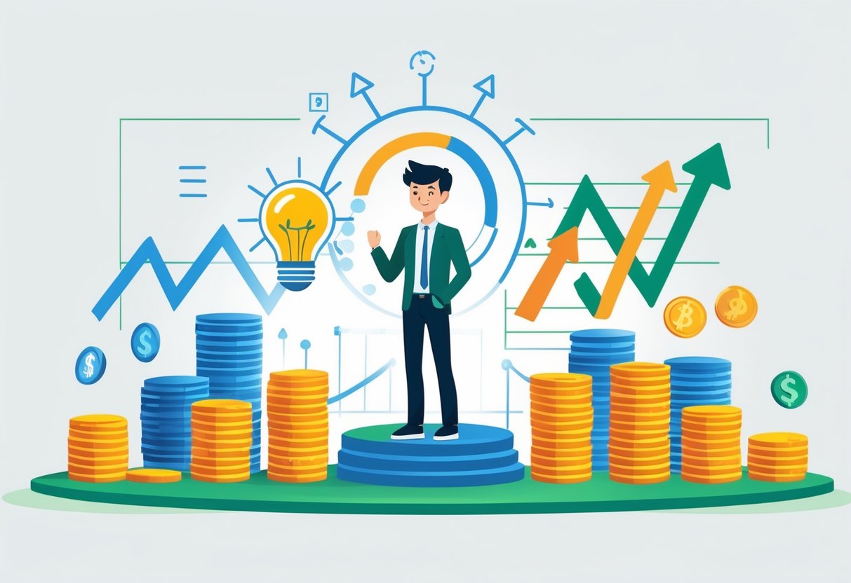 Seorang pengusaha muda berdiri di tengah dengan tumpukan koin kecil dan simbol lampu ide di satu sisi, serta token permainan berwarna-warni di sisi lain, menunjukkan strategi memulai tanpa modal besar.