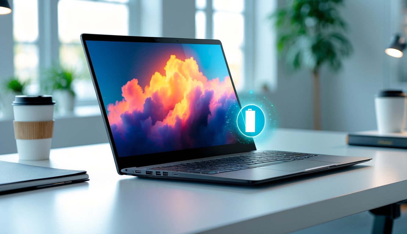 Sebuah laptop modern terbuka di atas meja kerja dengan latar belakang kantor yang terang dan rapi.