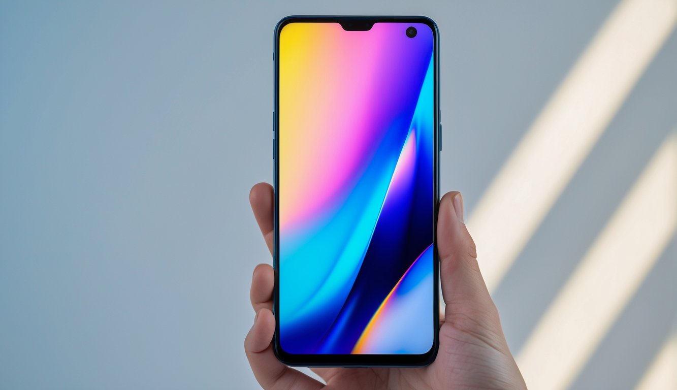 Sebuah tangan memegang ponsel modern dengan layar AMOLED yang menampilkan warna cerah dan kontras tinggi.