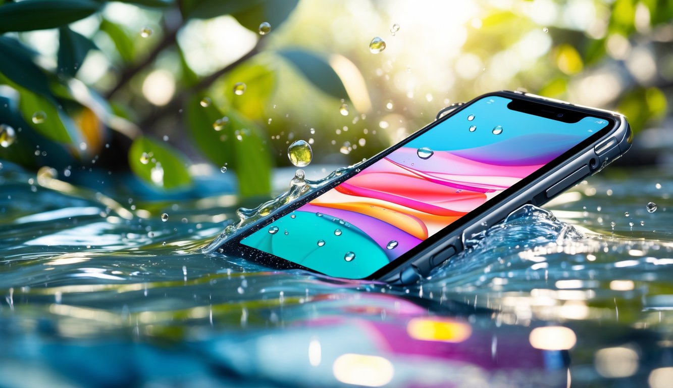 Sebuah ponsel modern yang sebagian terendam air jernih dengan tetesan air di permukaannya.