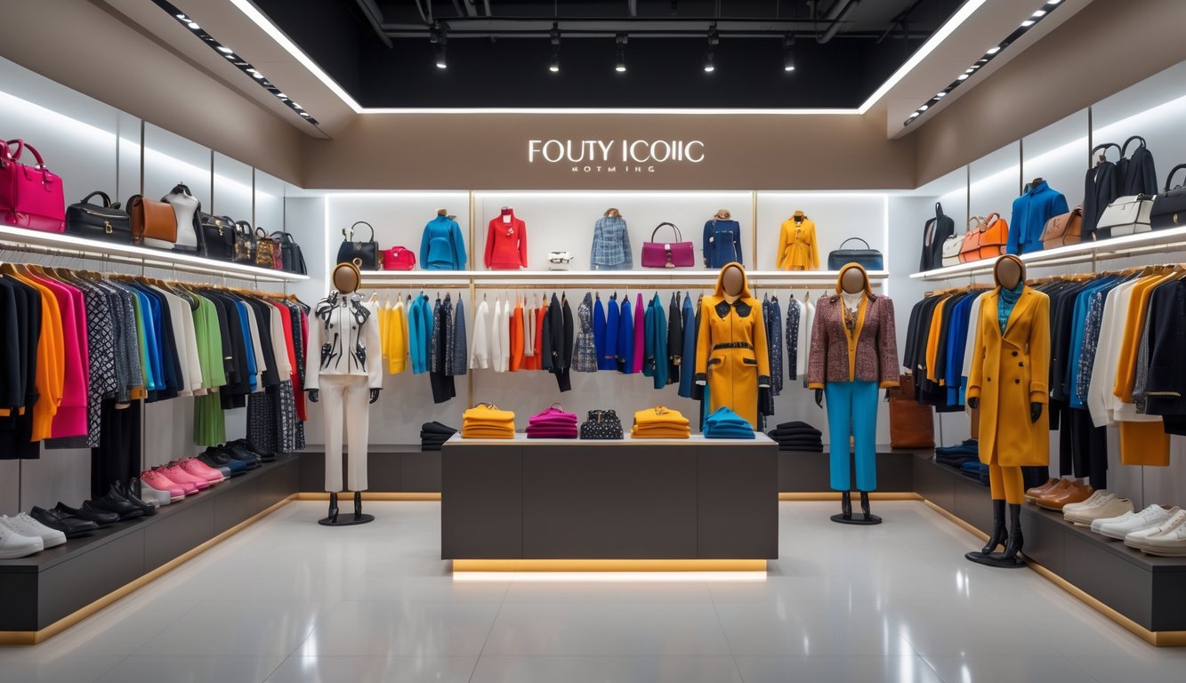 Tampilan toko pakaian modern dengan berbagai pakaian modis dari merek terkenal dunia yang dipajang rapi tanpa teks.