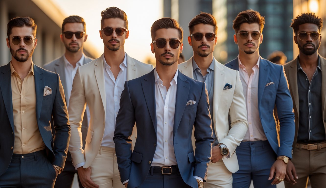 Sekelompok pria berpakaian modis berdiri di latar kota dengan pakaian pria terbaik.