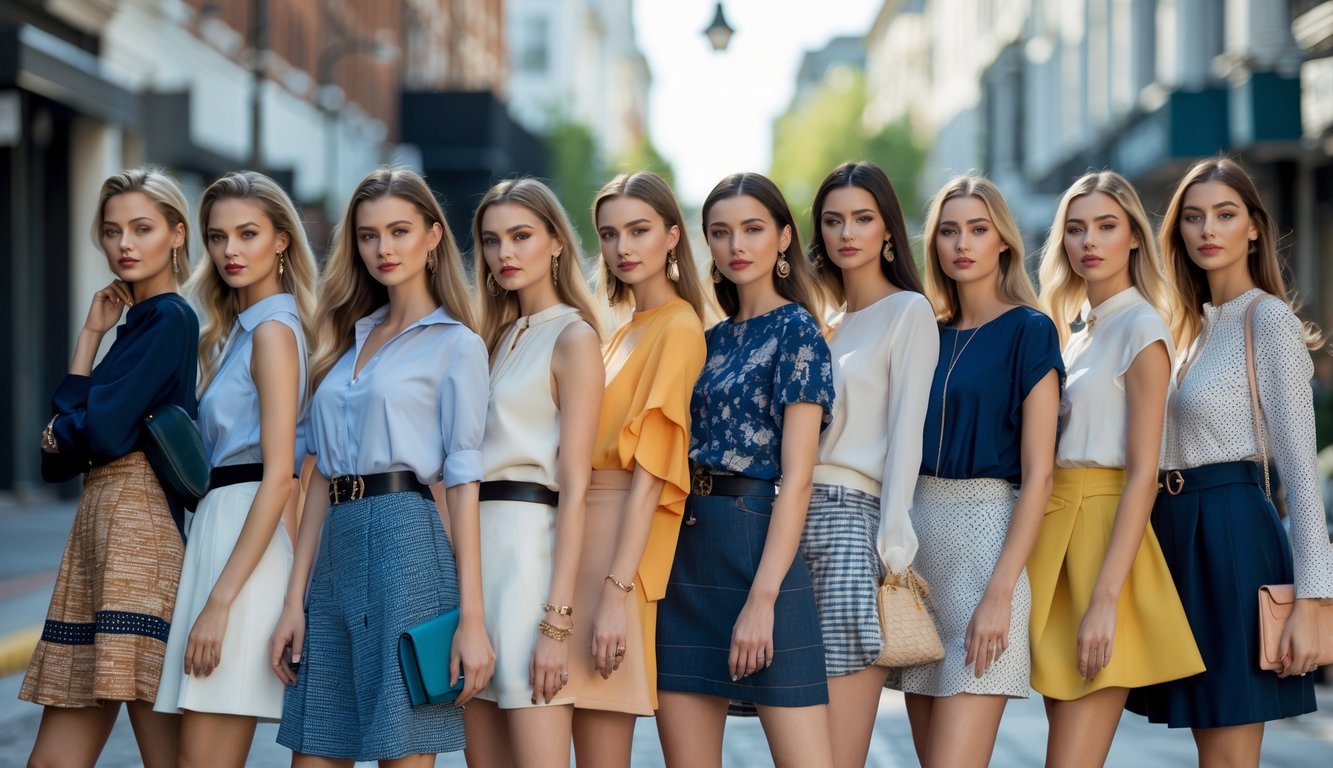 Sekelompok wanita modis sedang berpose di jalan kota dengan pakaian wanita yang trendi dan stylish.