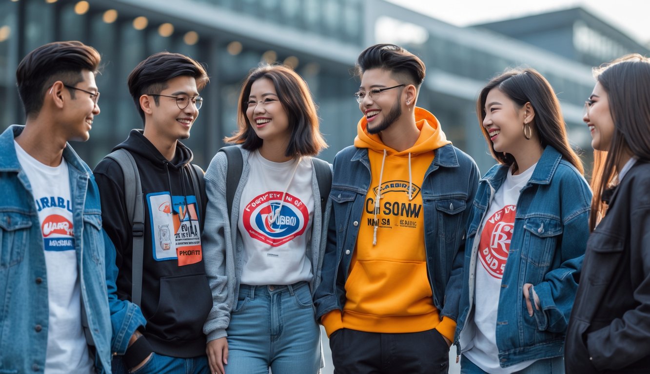 Sekelompok orang muda mengenakan pakaian kasual populer sedang berbicara di luar ruangan dengan latar belakang arsitektur modern.