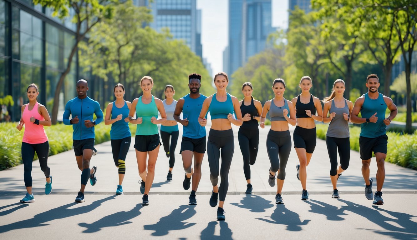 Sekelompok pria dan wanita berolahraga di taman kota mengenakan pakaian olahraga yang nyaman dan bergaya.