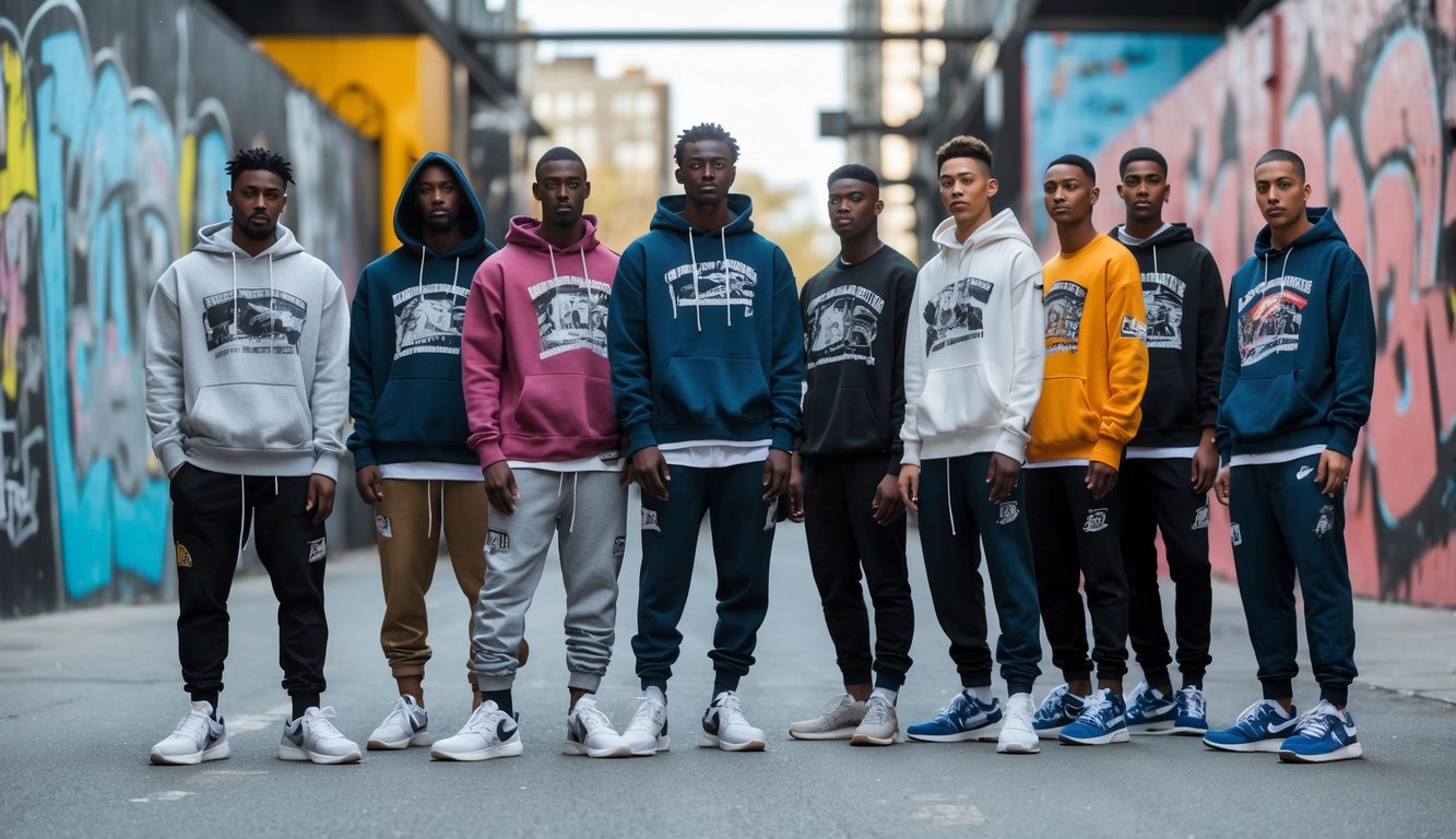 Sekelompok orang muda mengenakan pakaian streetwear berdiri di lingkungan perkotaan dengan latar belakang dinding grafiti.