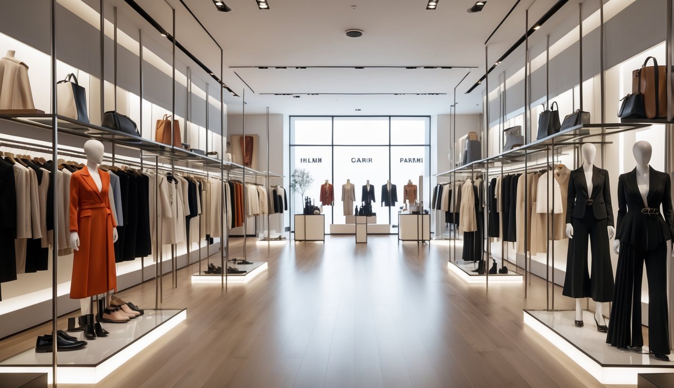 Interior butik pakaian dengan manekin yang mengenakan pakaian desainer terkenal dan rak pakaian yang rapi.