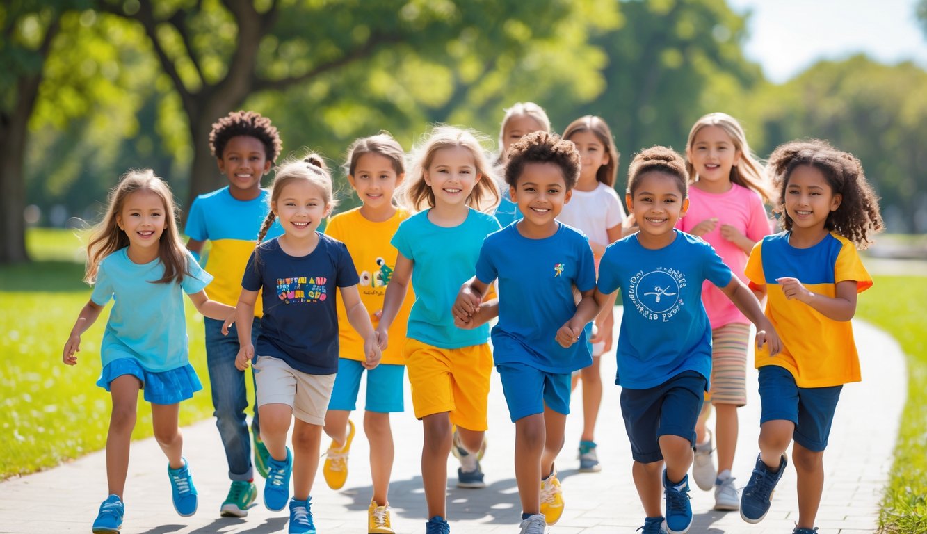 Sekelompok anak-anak bahagia bermain di taman mengenakan pakaian berwarna-warni dan nyaman.