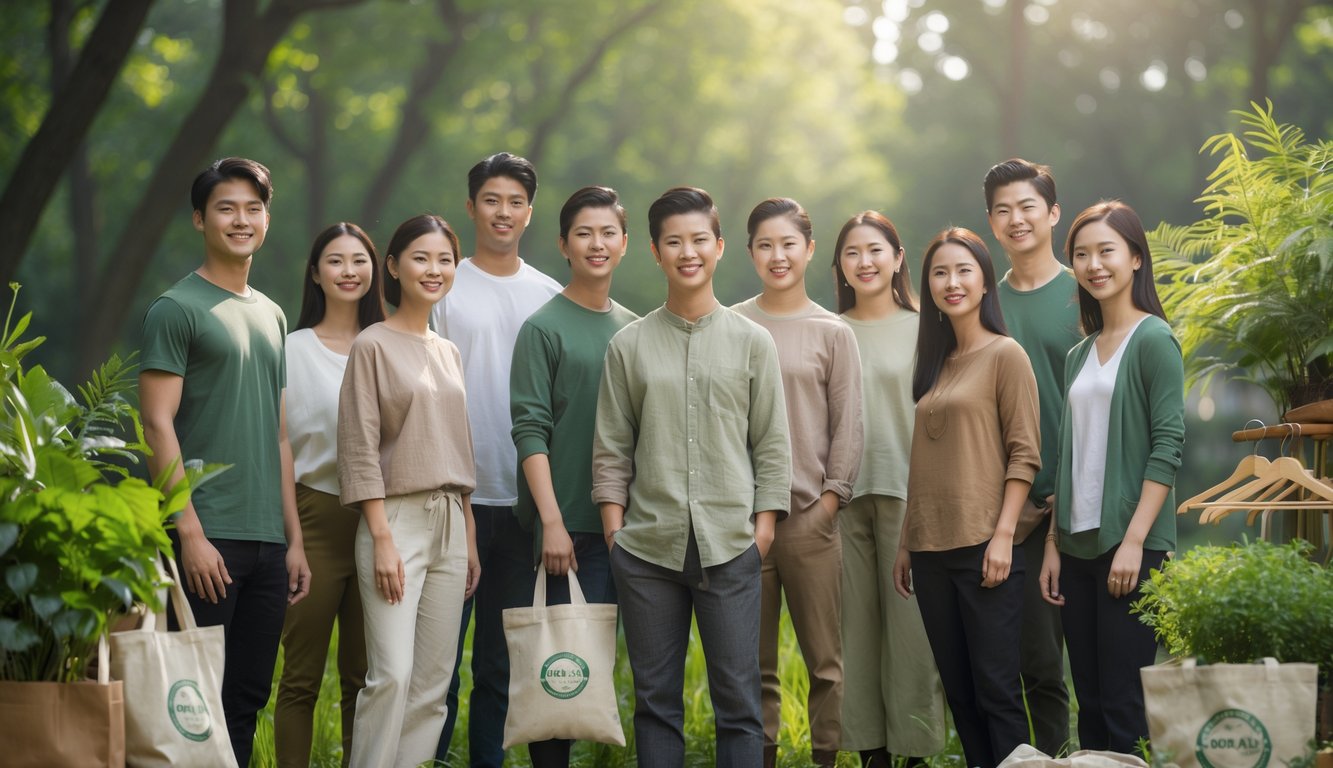 Sekelompok orang muda mengenakan pakaian ramah lingkungan berdiri di luar ruangan di lingkungan yang hijau dan cerah.