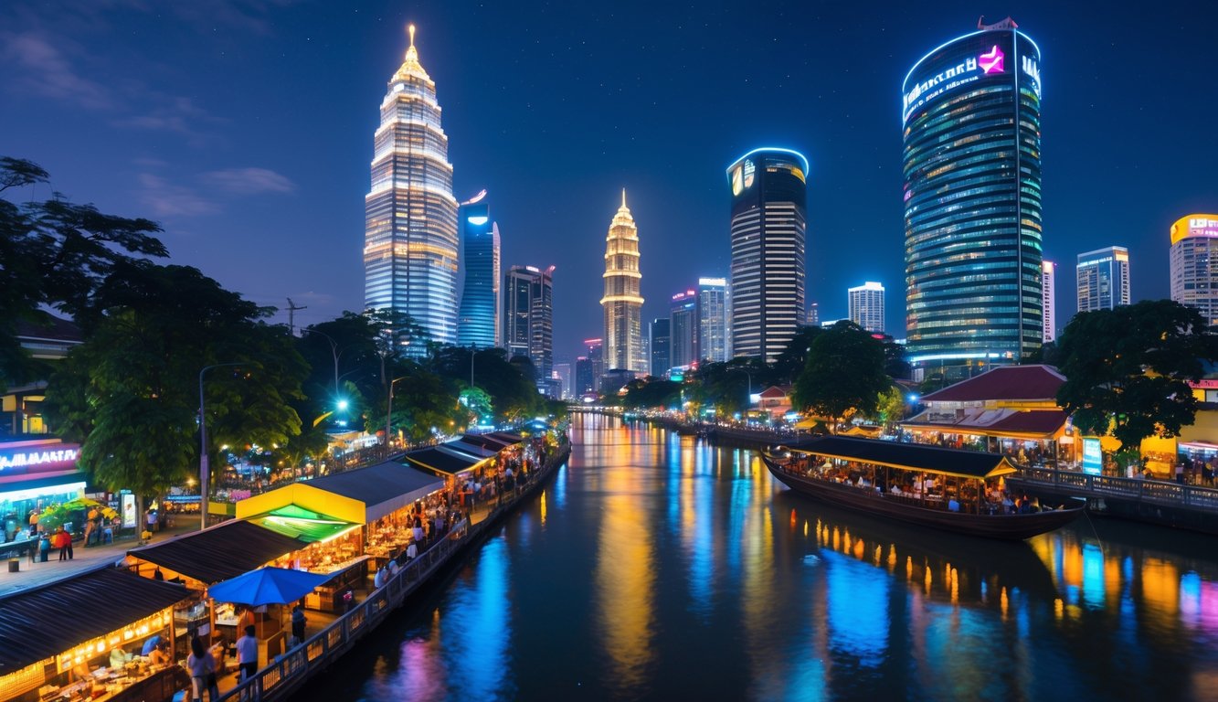Pemandangan malam yang ramai di Jakarta dengan gedung pencakar langit bercahaya, jalanan penuh orang dan kendaraan, serta perahu tradisional di sungai.