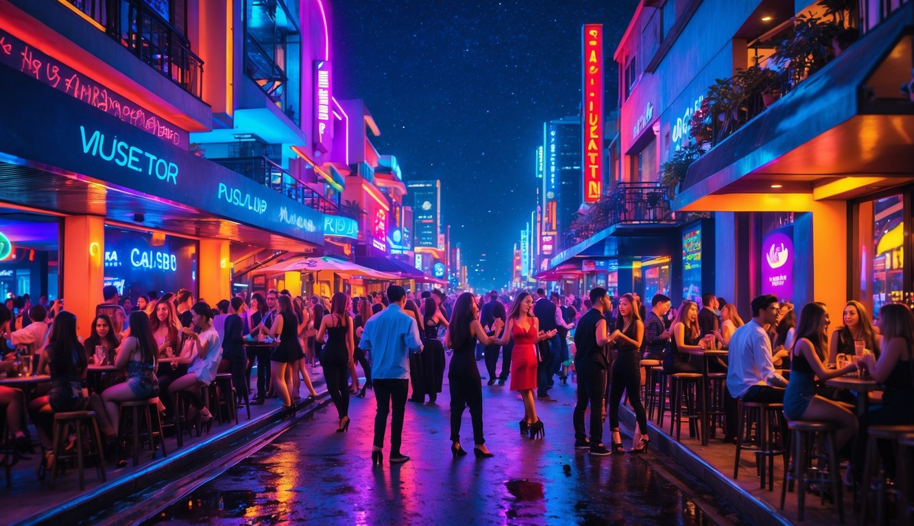 Suasana malam yang ramai di kawasan hiburan dengan orang-orang menikmati waktu di bar dan klub malam yang terang dengan lampu neon berwarna-warni.