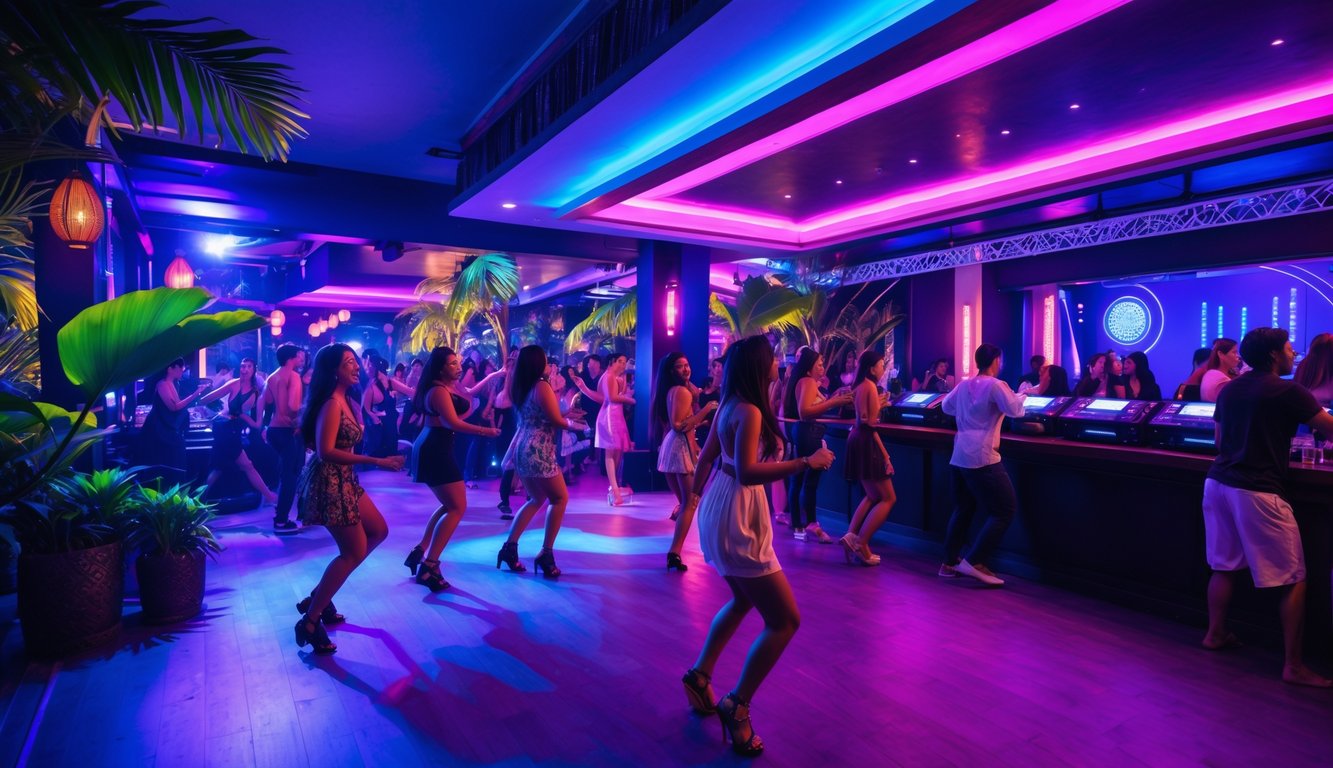 Suasana klub malam yang ramai di Bali dengan orang-orang menari dan lampu warna-warni.