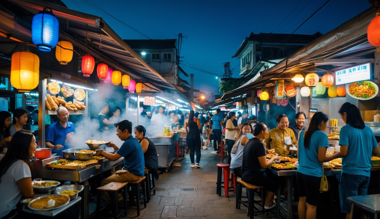 Pasar malam kuliner yang ramai dengan orang-orang menikmati berbagai makanan tradisional Indonesia di kios makanan yang terang benderang.