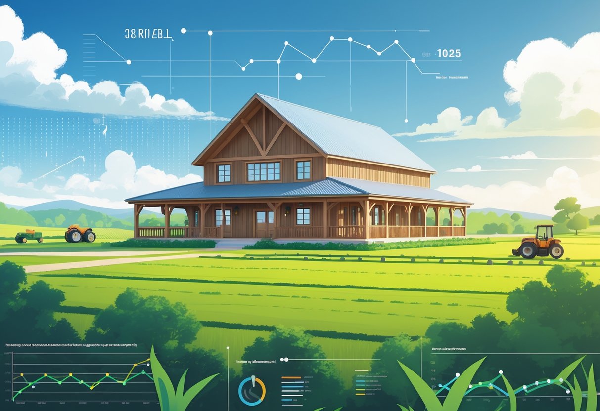 Rumah gudang besar di pedesaan dengan ladang hijau dan peralatan pertanian di sekitar, menampilkan suasana yang cerah dan dinamis.