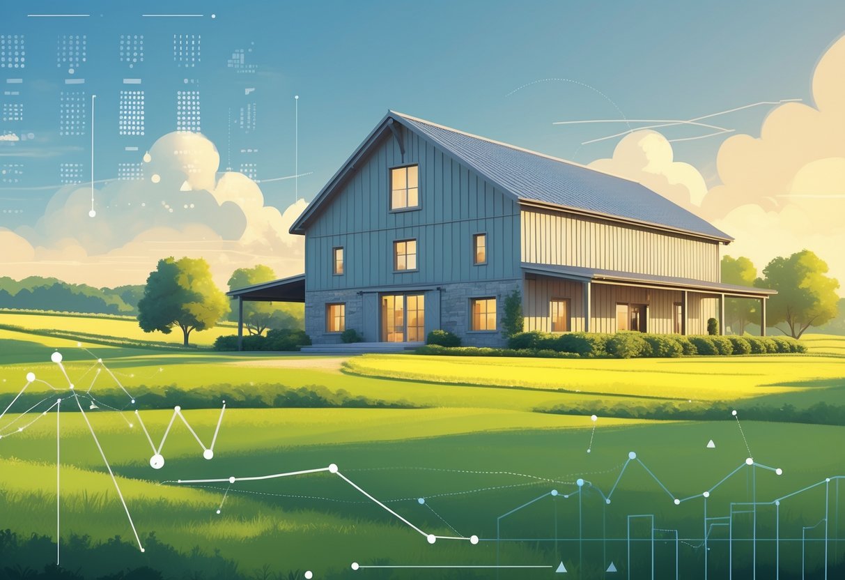 Sebuah rumah gudang besar yang modern di tengah ladang hijau dengan elemen grafis abstrak yang melambangkan data dan pola.