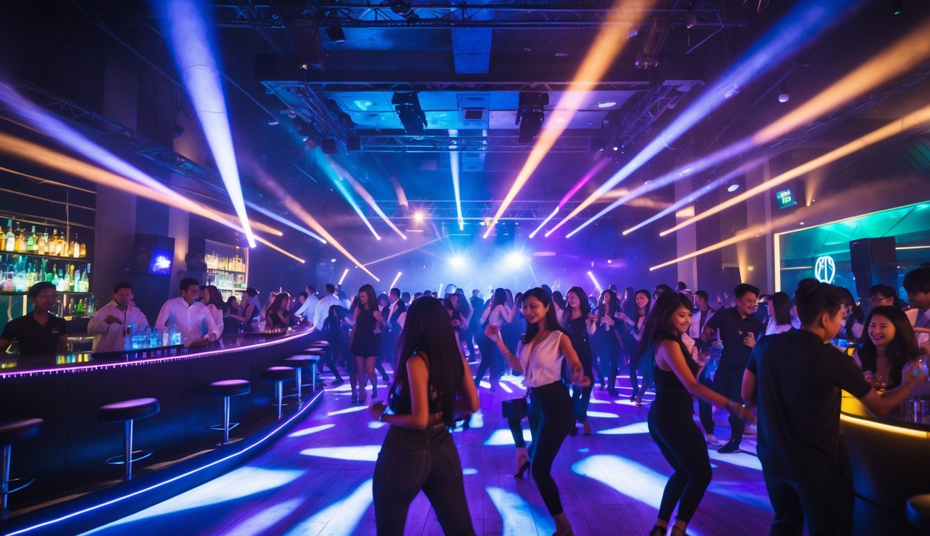 Suasana klub malam yang ramai dengan orang-orang menari dan lampu warna-warni yang terang di dalam ruangan modern.
