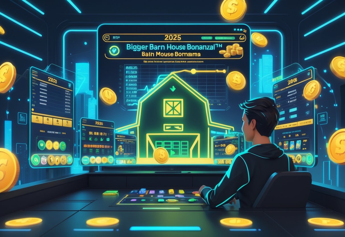 Seorang pemain sedang menganalisis data dan pola kemenangan terbaru di depan layar digital dengan latar belakang rumah gudang bergaya modern.