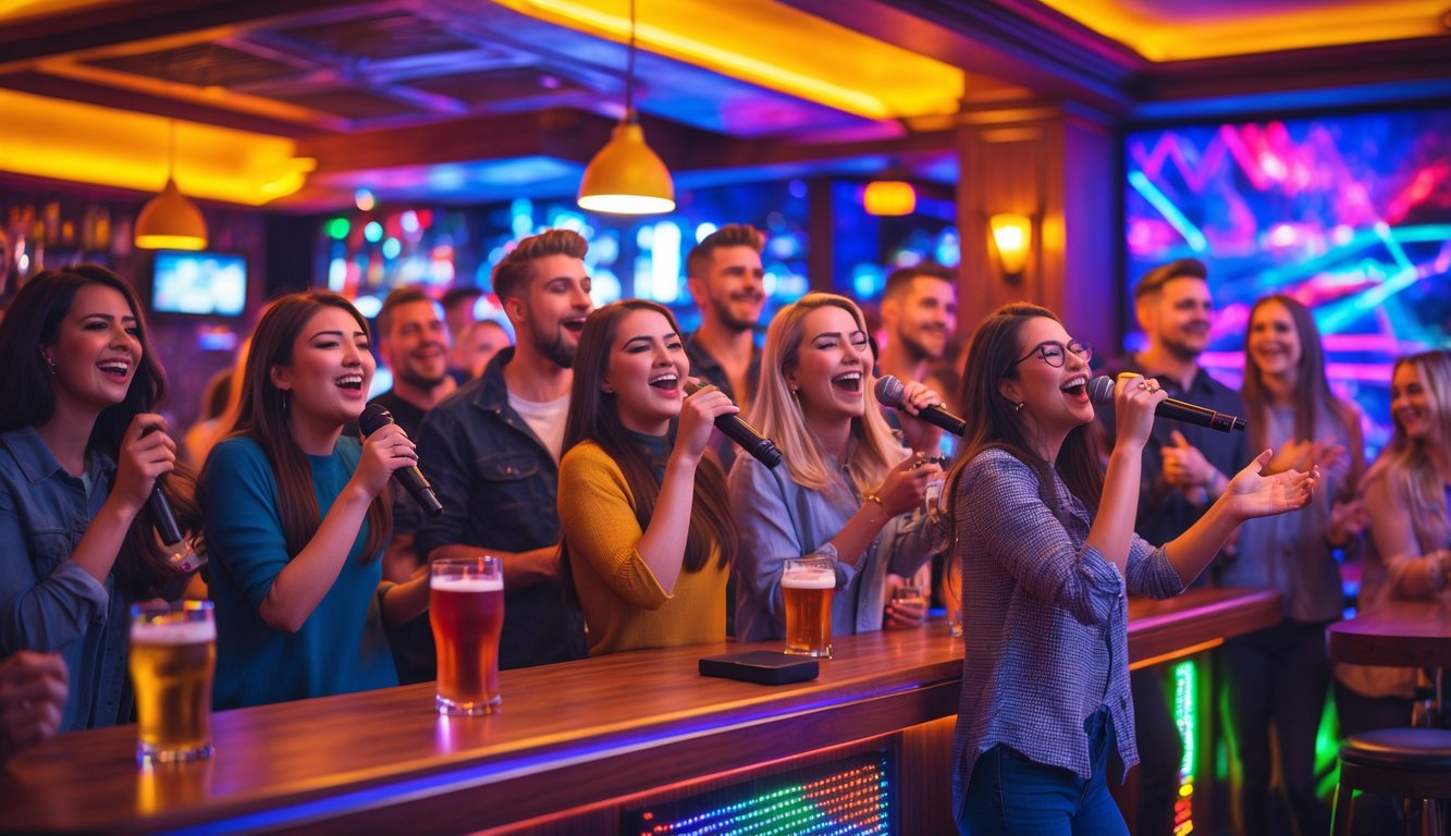 Suasana malam karaoke di dalam sebuah pub dengan orang-orang yang sedang bernyanyi dan bersenang-senang.