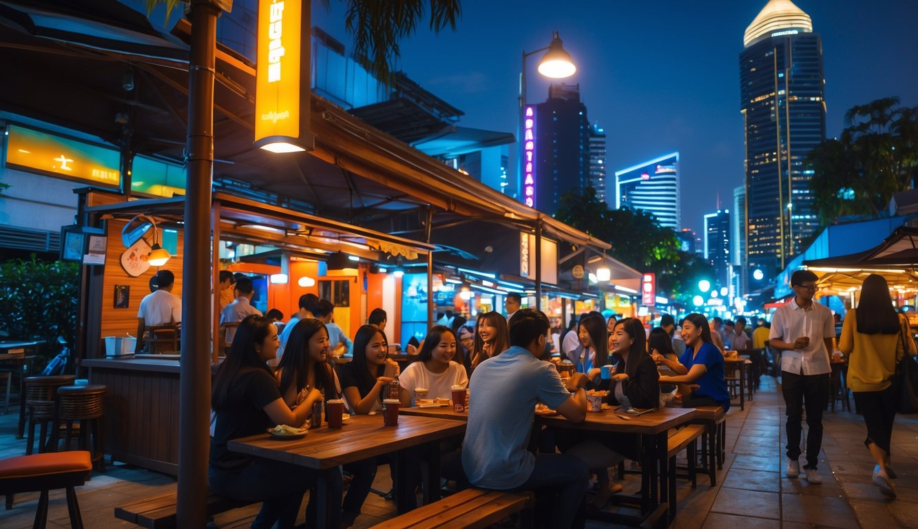Suasana malam di tempat nongkrong di Jakarta dengan orang-orang berkumpul dan bersosialisasi di luar ruangan.