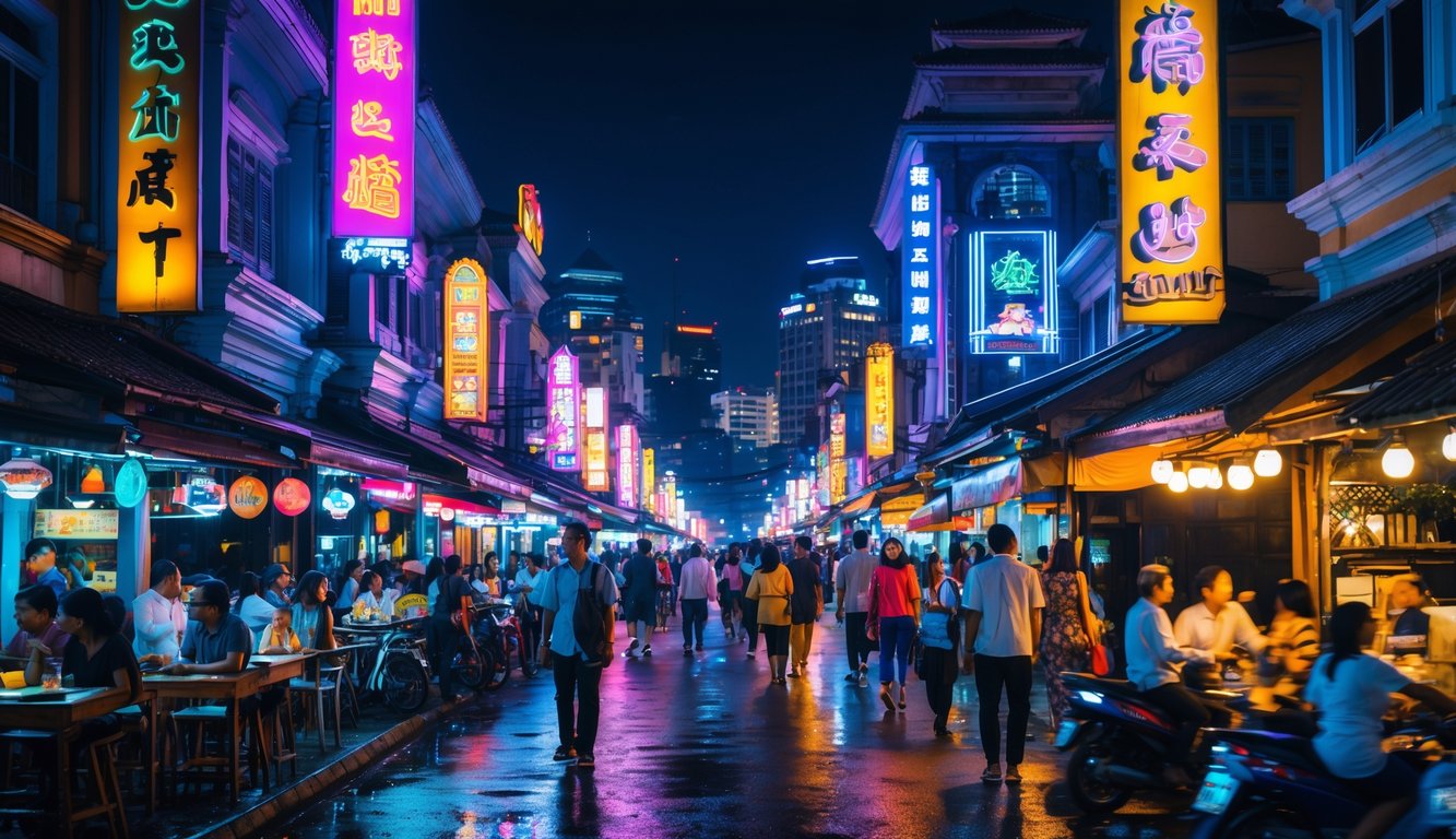 Pemandangan malam hari di kota Bandung dengan jalanan ramai, lampu neon berwarna-warni, orang-orang berjalan dan menikmati hiburan malam.