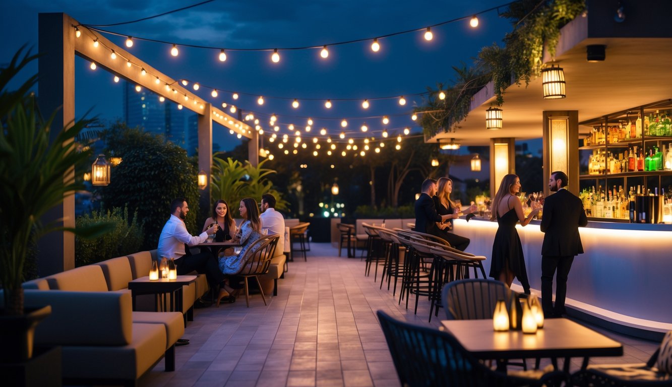 Suasana malam di bar dan lounge dengan orang-orang yang sedang bersosialisasi dan menikmati minuman di teras luar yang nyaman.
