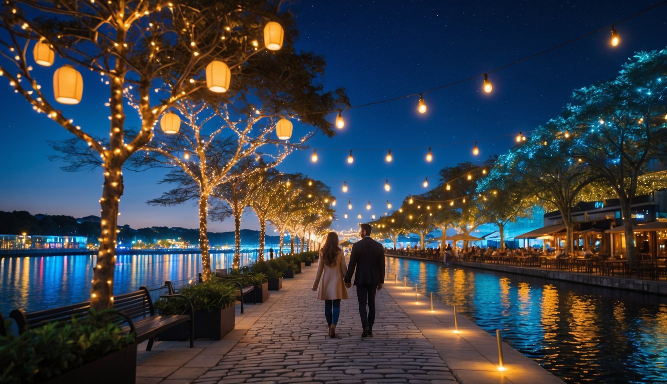 Pasangan berjalan berpegangan tangan di sepanjang jalan setapak di tepi air dengan lampu-lampu romantis dan kafe-kafe di malam hari.