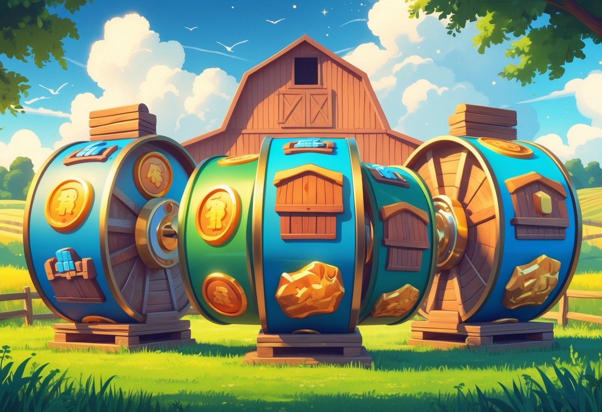 Lima pola putaran berbeda yang efektif ditampilkan dengan lima gulungan berwarna-warni di depan rumah gudang besar di pedesaan.