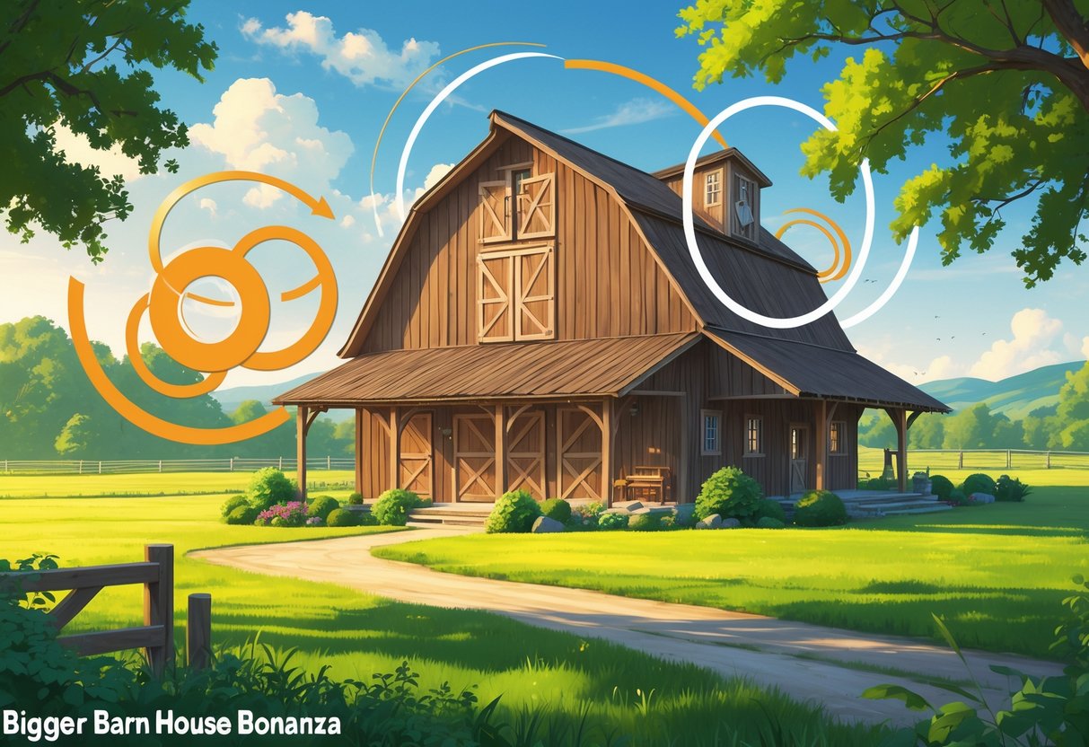 Gambar sebuah rumah gudang besar dengan pola putaran stabil di sekitarnya, dikelilingi oleh ladang hijau dan langit cerah.