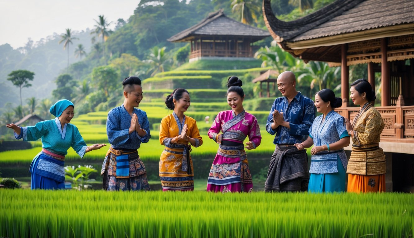 Sekelompok orang Jawa mengenakan pakaian tradisional sedang melakukan aktivitas budaya di latar belakang sawah dan bangunan tradisional.