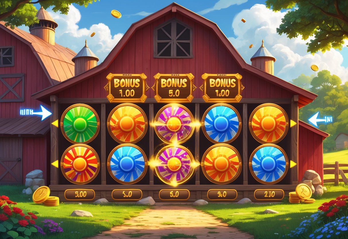 Ilustrasi mekanisme fitur putar dan bonus dengan lima pola putar stabil di sebuah lumbung pedesaan yang dikelilingi koin dan simbol bonus.