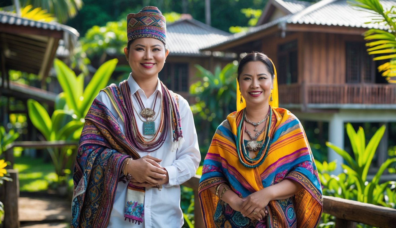 Seorang pria dan wanita Suku Batak mengenakan pakaian tradisional berdiri di luar ruangan dengan rumah adat Batak dan tanaman tropis di latar belakang.