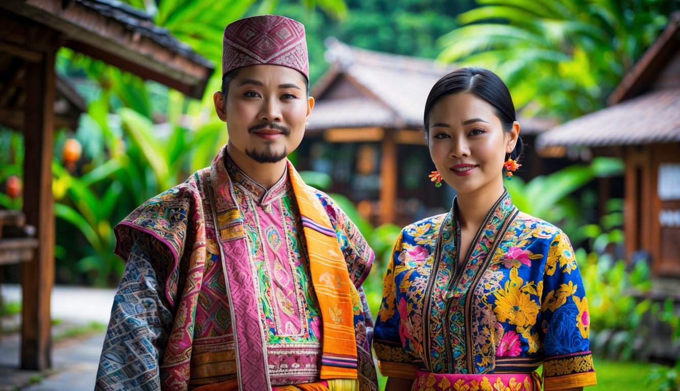 Seorang pria dan wanita Suku Bugis mengenakan pakaian tradisional berdiri di luar ruangan dengan latar belakang rumah kayu dan pepohonan hijau.