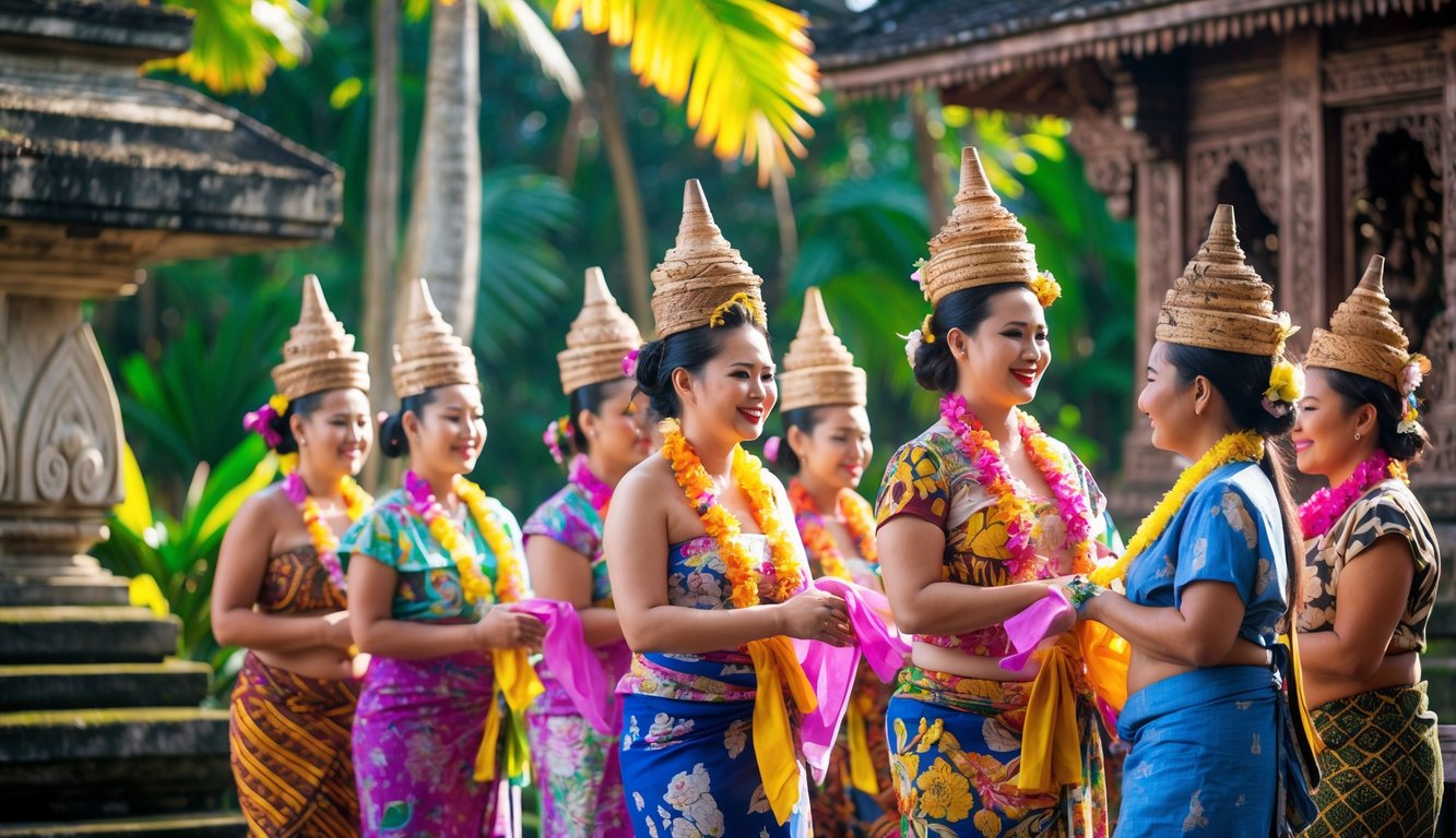 Sekelompok orang Bali mengenakan pakaian tradisional sedang berada di depan bangunan khas Bali dengan latar belakang tropis.
