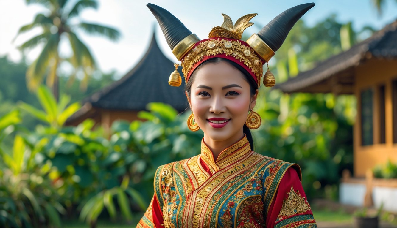 Seorang wanita Suku Minangkabau mengenakan pakaian tradisional dengan hiasan kepala khas berdiri di depan rumah adat dengan atap melengkung di tengah pepohonan hijau.