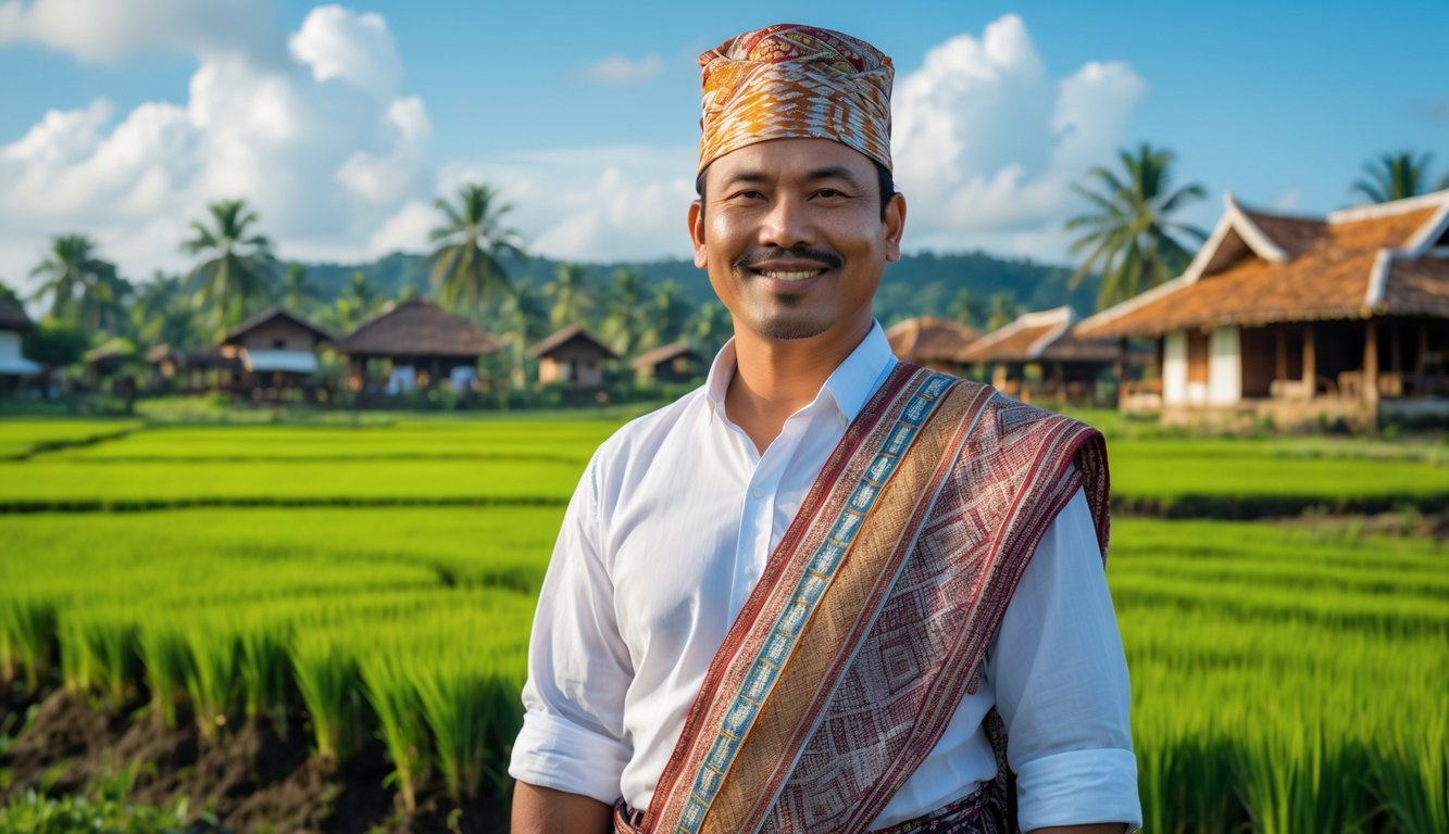 Seorang pria Suku Madura mengenakan pakaian tradisional berdiri di ladang hijau dengan rumah tradisional di latar belakang.