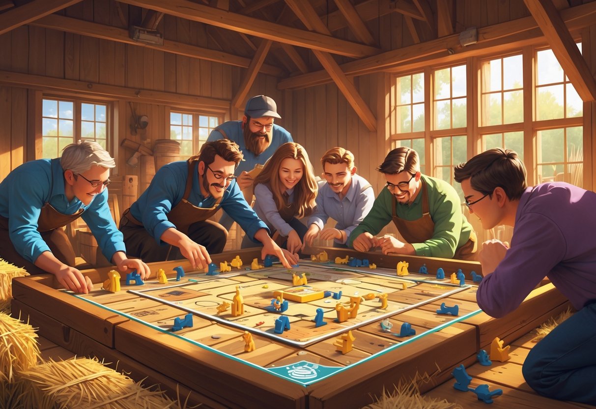 Beberapa pemain serius bermain permainan strategi di dalam sebuah rumah gudang kayu dengan papan permainan besar dan suasana hangat.