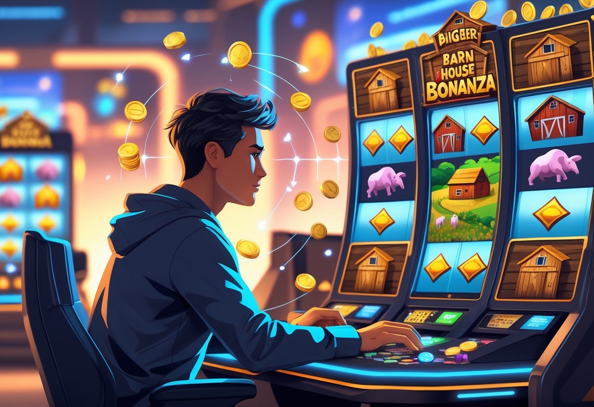 Seorang pemain fokus bermain permainan slot Bigger Barn House Bonanza dengan layar yang menampilkan simbol-simbol bertema peternakan dan pola rahasia di sekitarnya.