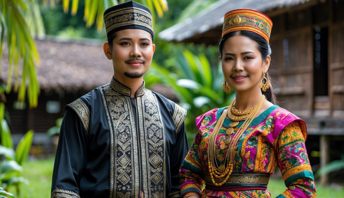 Seorang pria dan wanita Suku Aceh mengenakan pakaian tradisional berdiri di luar ruangan dengan latar belakang rumah tradisional dan tanaman hijau.